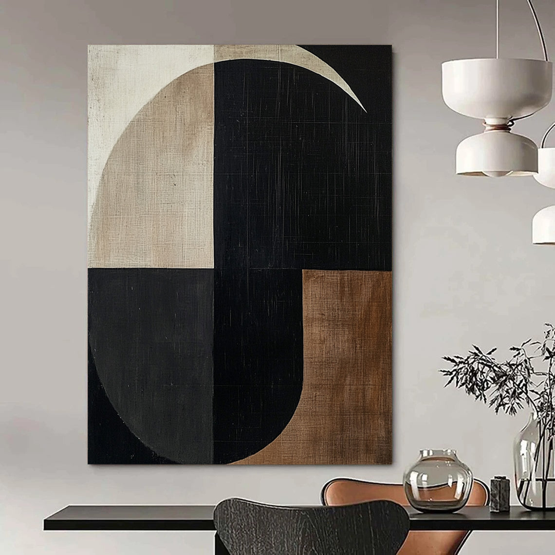 Contemporary hand-painted abstract artwork featuring minimalist black and white shapes with beige and brown tones creating a balanced geometric composition. DLZ1308