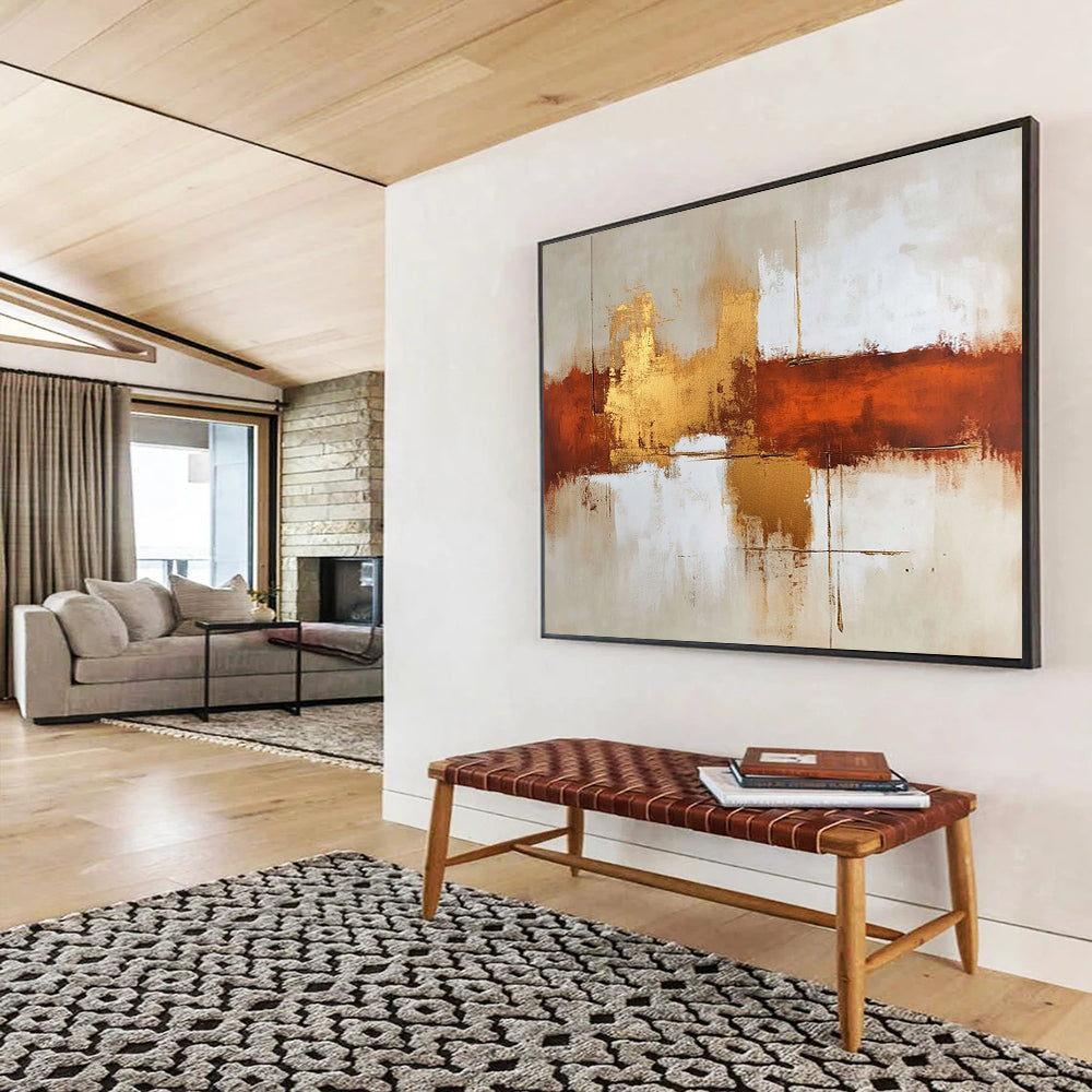 “Brown Gold White Abstract Horizons” - Brown, gold, white, beige; Abstract horizons with gold reflections HB1291