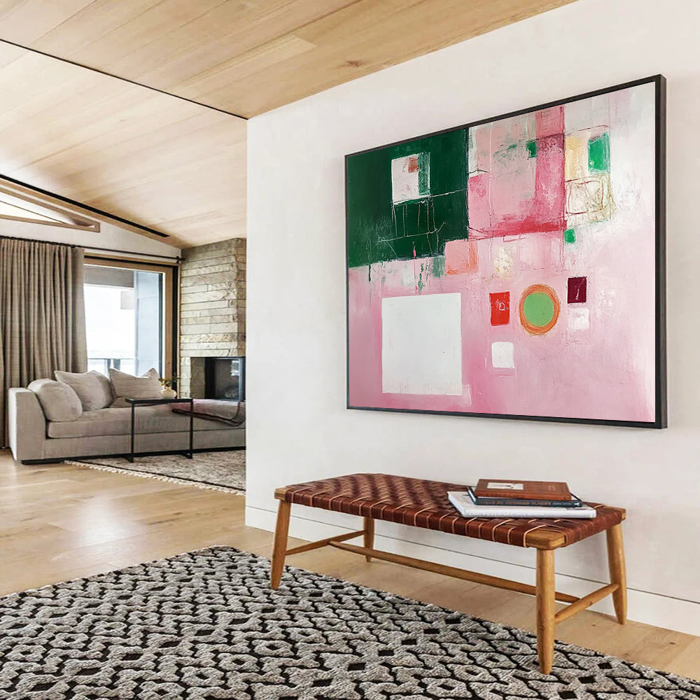 “Pink and Green Collage” - Pink, Green, White, Mixed Geometric Elements - Modernist Acrylic Painting HB1538