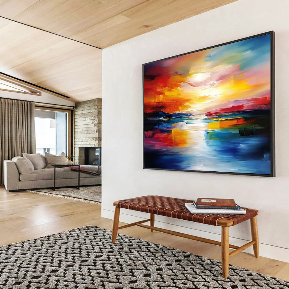 “Fiery Sunset Reflections” - Bold Reds, Oranges, Yellows, and Blues, Dramatic Sunset Over Water Painting On Canvas HB0910