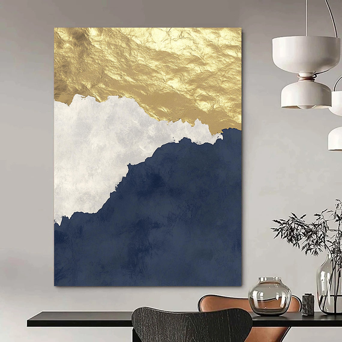 Contemporary abstract artwork features gold and navy tones on a white background with calming waves and dark grey gradient effects with golden foil accents. DLZ0268