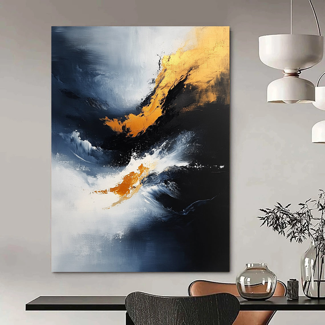 Contemporary abstract painting features dynamic brush strokes and atmospheric clouds in blue, black, and gold on textured canvas. DLZ0357