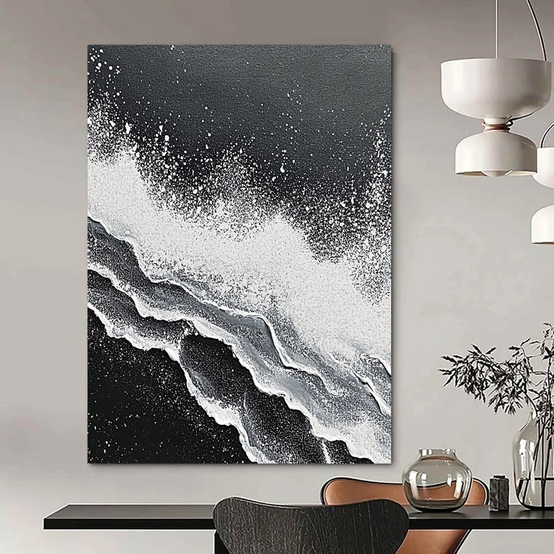 Contemporary hand-painted abstract art featuring intricate textures of ocean waves crashing in striking black and white tones. DLZ1139