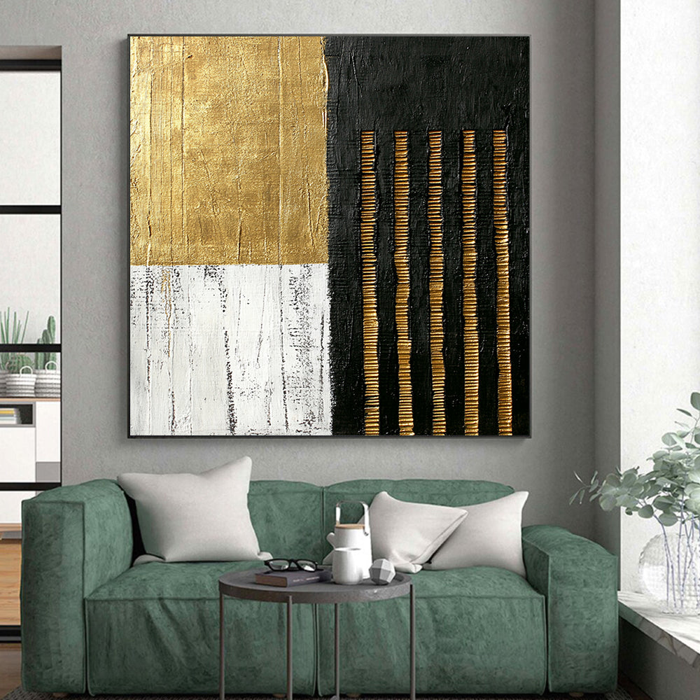 Black, White, Gold, Textured Stripes "Gilded Textured Stripes" Abstract Minimalist Painting On Canvas HB157