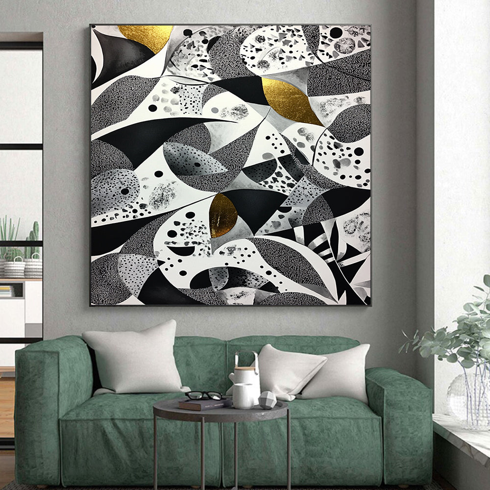 Black, White, Gray and Gold Abstract Patterns "Opulent Mosaic" Painting On Canvas HB332