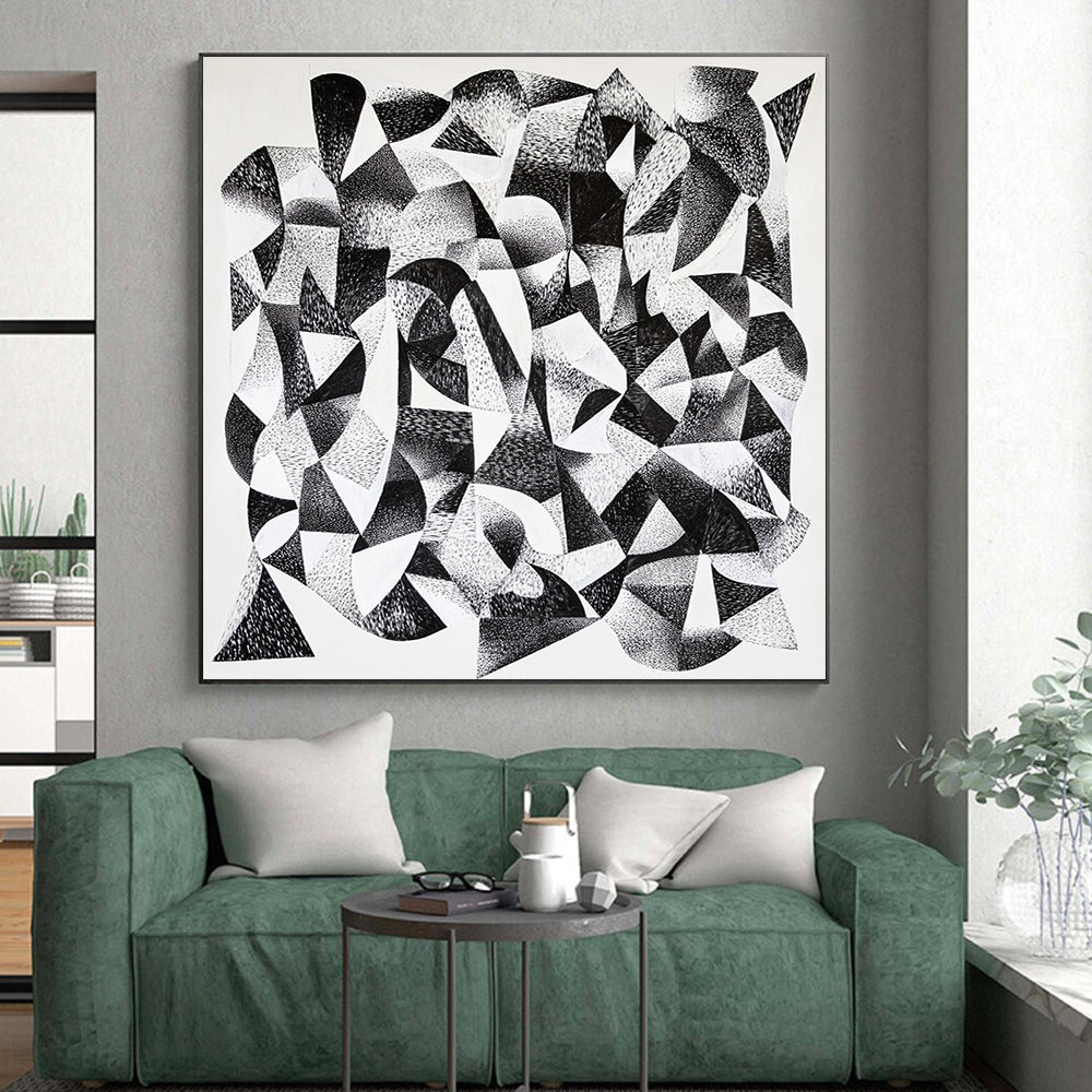 Black and White Geometric Abstraction "Monochrome Geometry" Painting On Canvas HB390