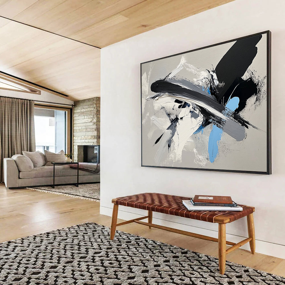 “Dynamic Black - Gray - Blue Brushstrokes” - Black, Gray, Blue, White, Energetic Strokes Painting On Canvas HB0811