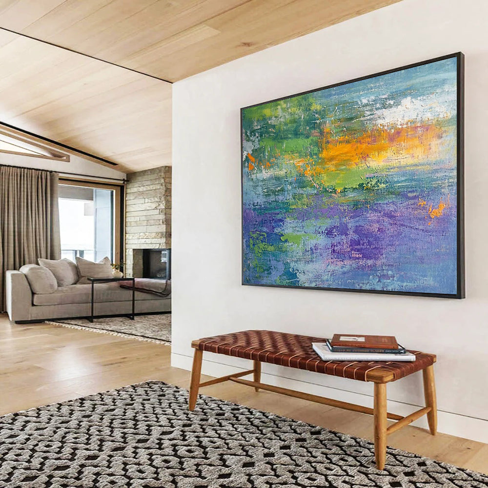 “Vibrant Abstract Field” - Green, Blue, Purple, Orange, Textured Abstract Landscape Painting On Canvas HB1070