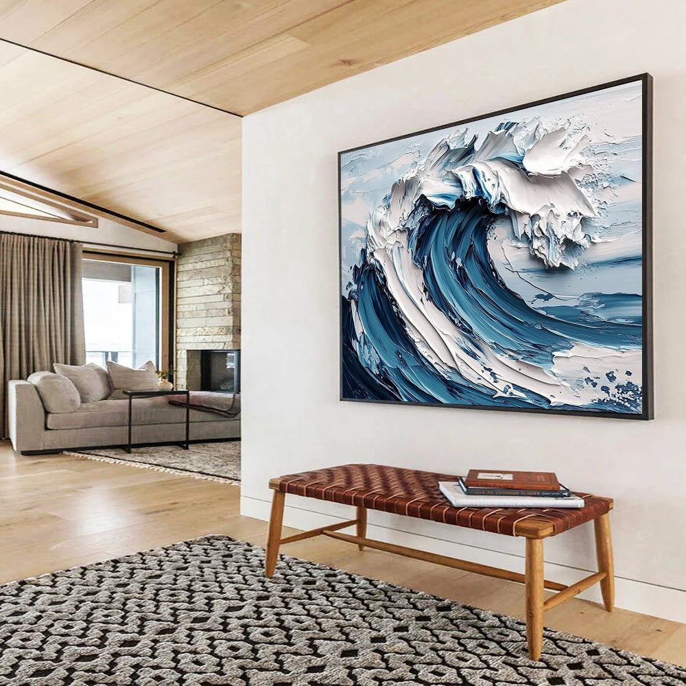 “3D Ocean Wave” - Blue, White, Textured Wave, Hyper - Realistic Palette Knife Painting On Canvas HB1102