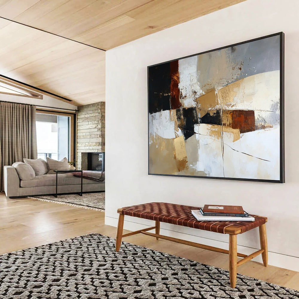 “Earthy Tone Abstract” - Black, Brown, Beige, Gold with Geometric Shapes - Painting On Canvas HB1391