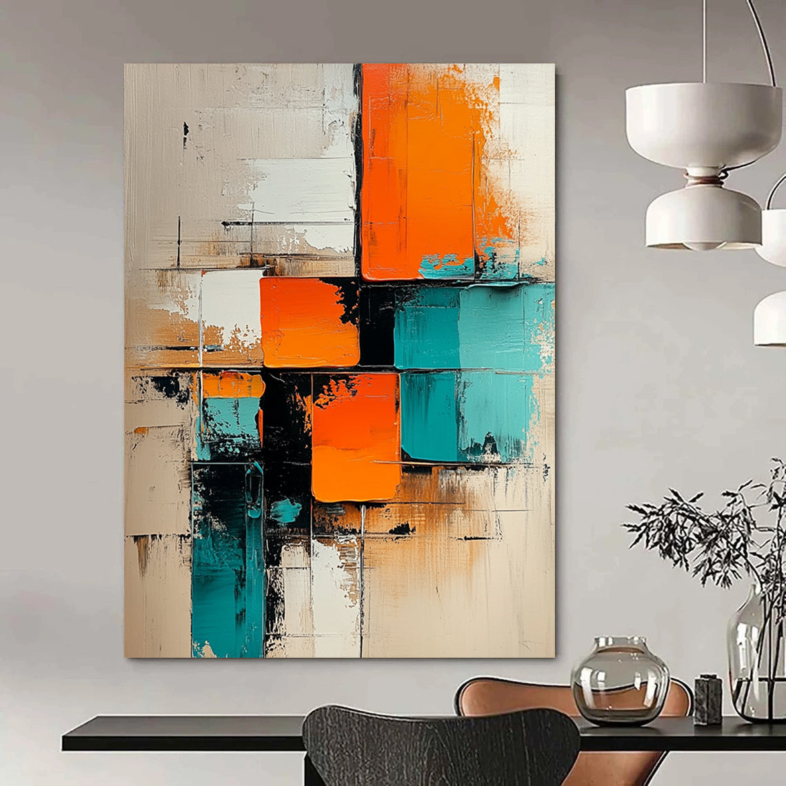 Contemporary abstract painting featuring geometric shapes in turquoise and orange on a beige background with oil paint texture on a vertical canvas. DLZ0722