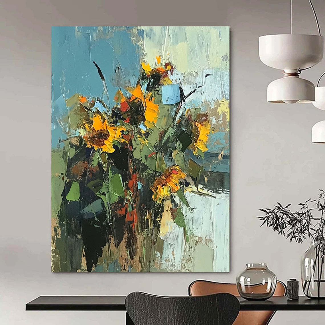 Contemporary palette knife sunflowers painting features vibrant colors on a white background, inspired by Peter Wileman's unique style and artistry. DLZ1127