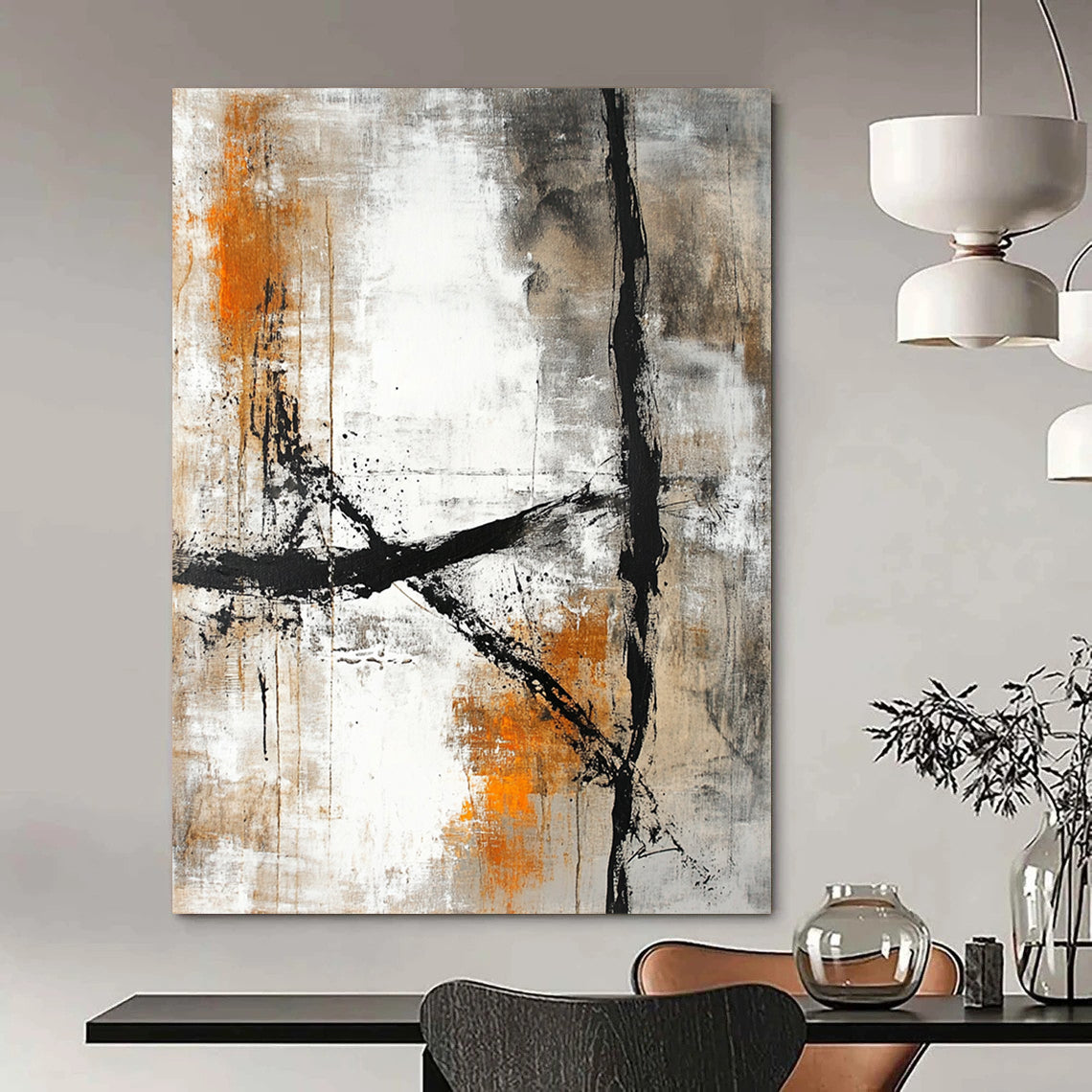 Contemporary hand-painted abstract art featuring a textured canvas with beige and white colors, accented by dark gray lines and light orange tones. DLZ0288
