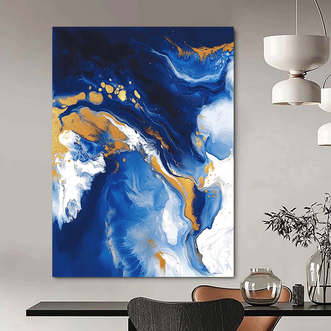 Contemporary abstract artwork featuring fluid acrylic swirls in blue and gold with textures of ocean waves white clouds and glitter accents. DLZ0327