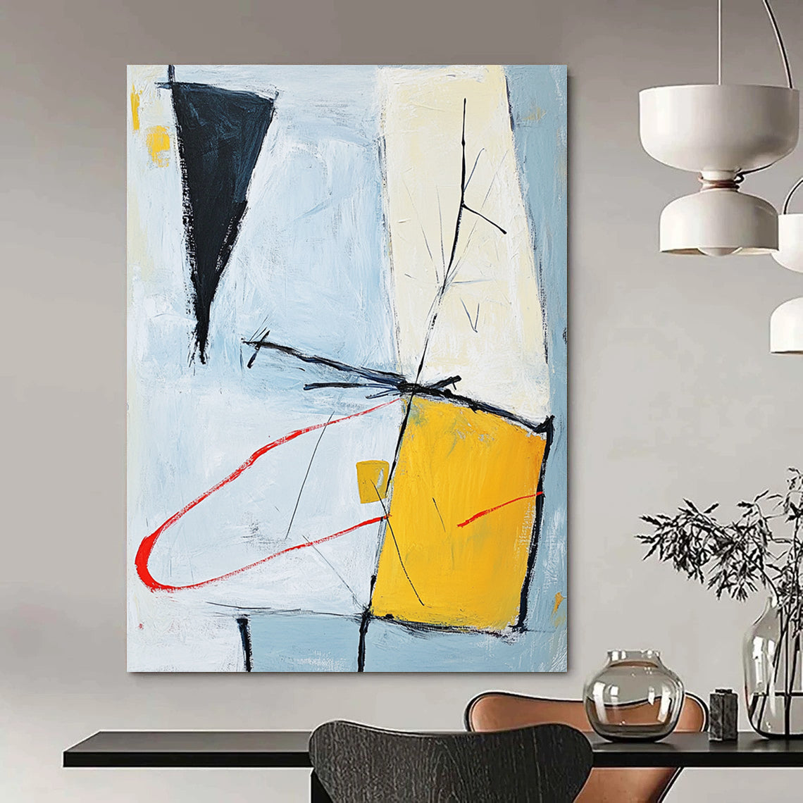 Contemporary hand-painted abstract artwork featuring light blue gray and yellow shapes connected by red curves on an off-white background within a square format. DLZ1021