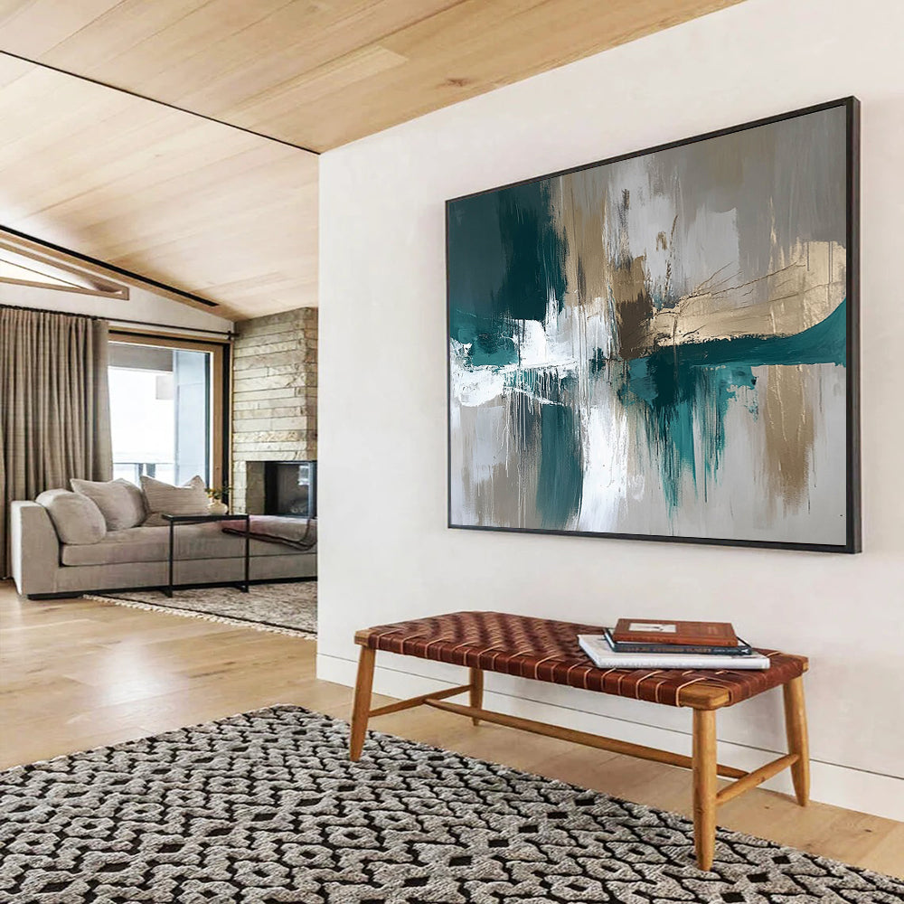 “Teal and Gold Abstract Drip” - Teal, gray, white, gold; Abstract with drip effects and gold accents; Acrylic Painting On Canvas HB1259