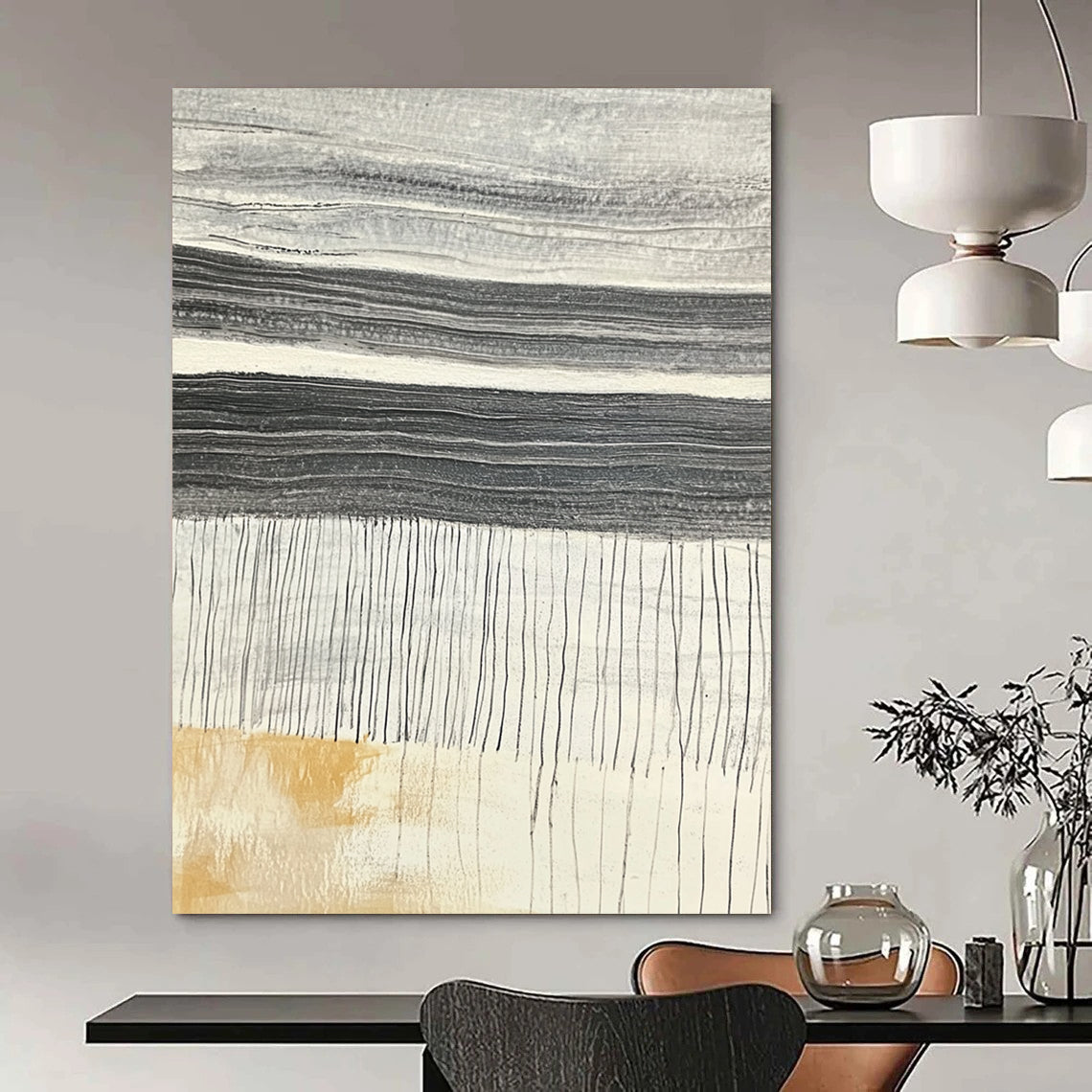 Contemporary abstract artwork showcasing textured stone slabs with dark gray horizontal ridges against a light gray background highlighting vibrant yellow chalk strokes. DLZ1224