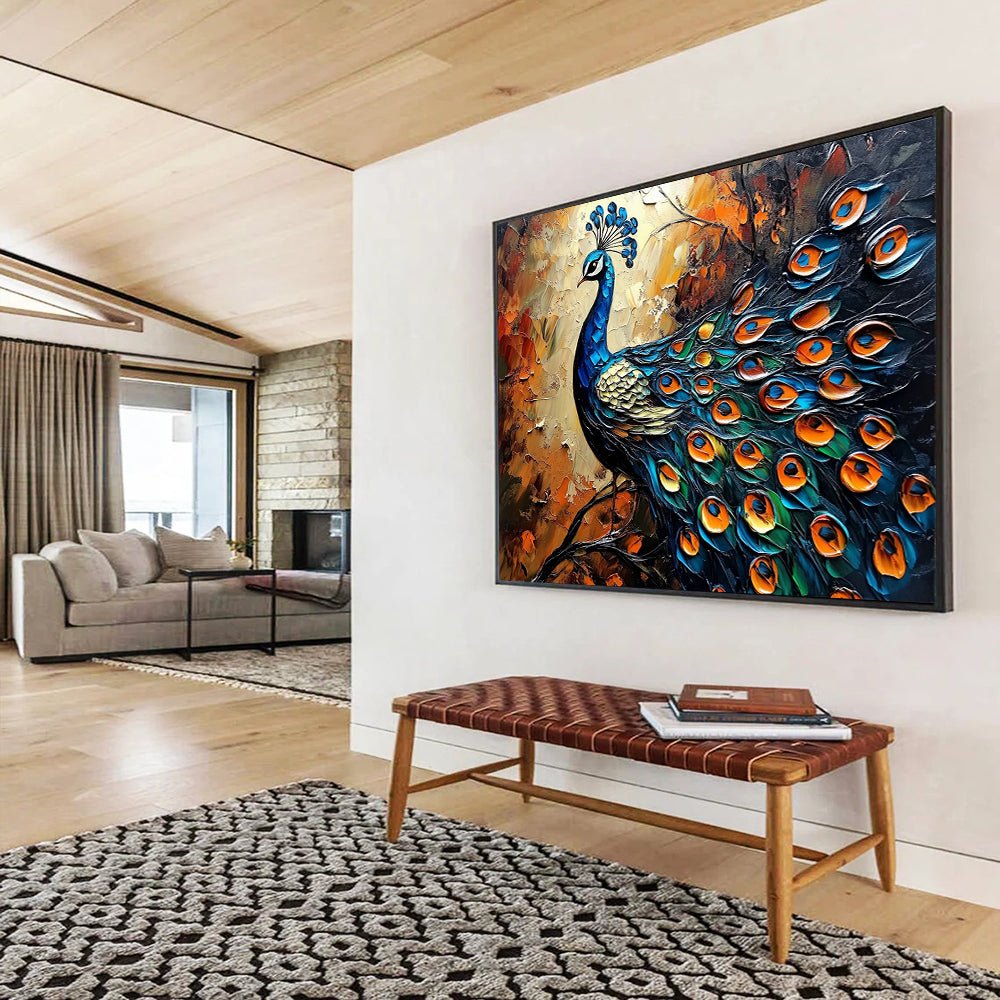 “Blue Gold Orange Peacock Relief” - Blue, gold, orange, green; Textured peacock portrait HB1294