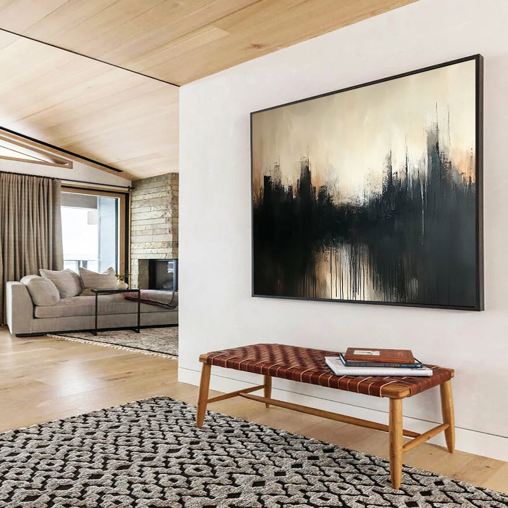 “Misty City Silhouette” - Black, Gray, Beige, Abstract Hazy Cityscape Painting On Canvas HB1077