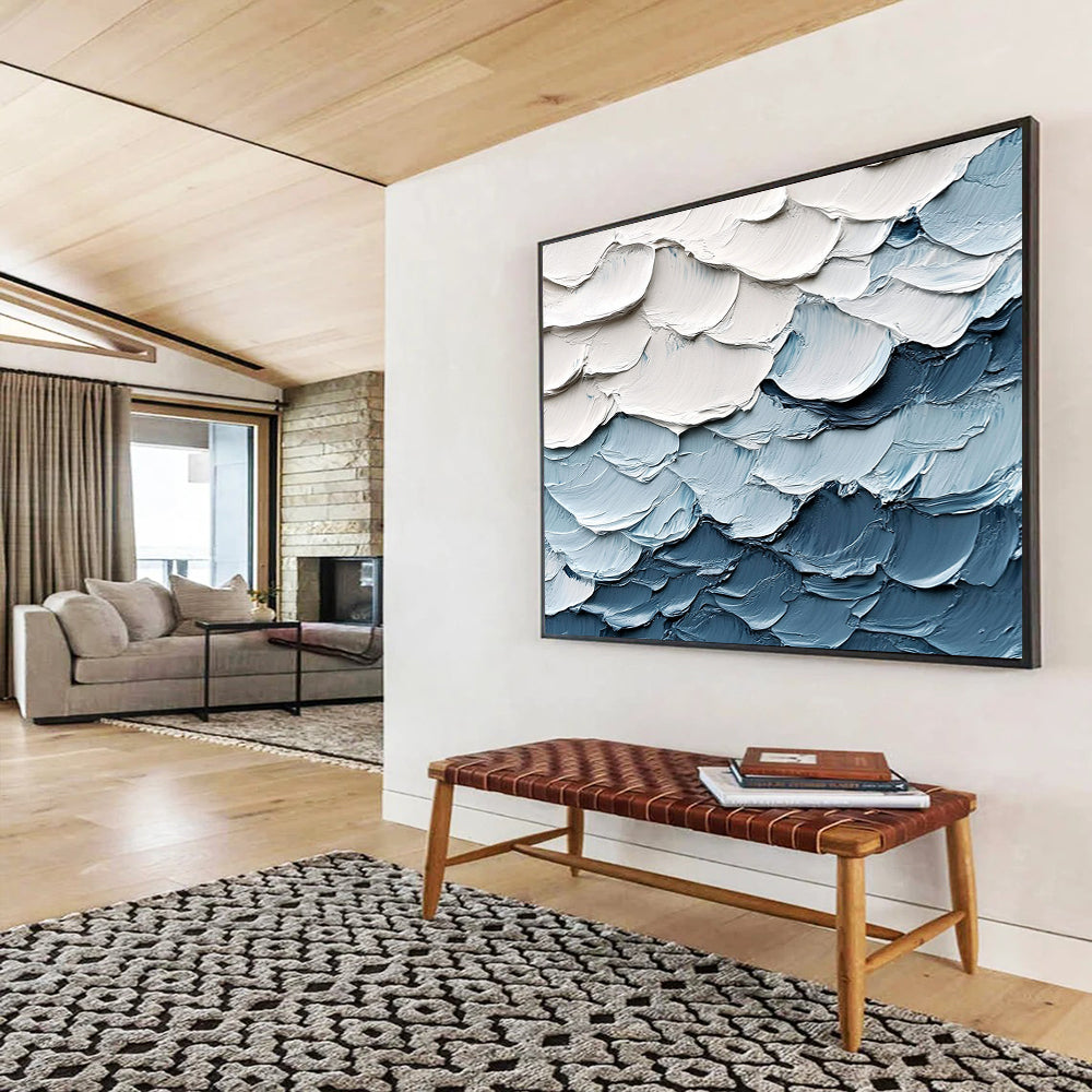 “Textured Wave Layers” - White, Blue, Gray - Impasto Ocean Waves - Acrylic Painting HB1335