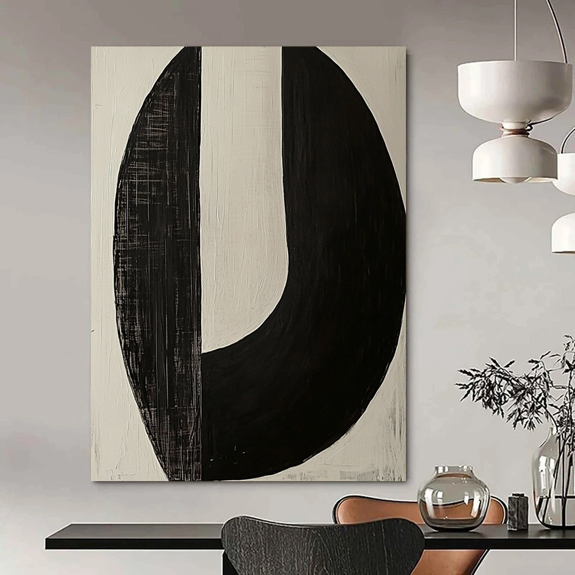 Contemporary large abstract painting featuring two minimalist axe-shaped forms in striking black and white tones for a bold artistic statement. DLZ1548