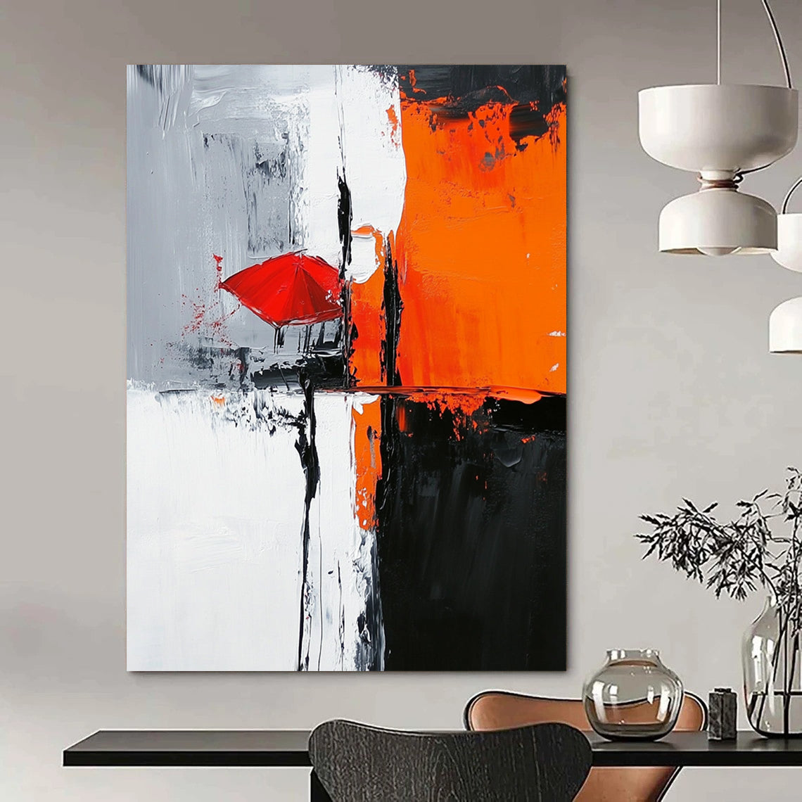 Contemporary abstract painting featuring bold black white orange hues with a gray background light gray red umbrella and chair in a hard-edge style. DLZ0324