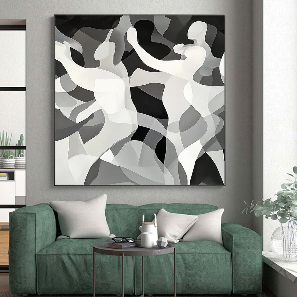 Black, White, Gray, Dancing Figures "Gilded Dance" Abstract Cubist - Inspired Painting On Canvas HB146