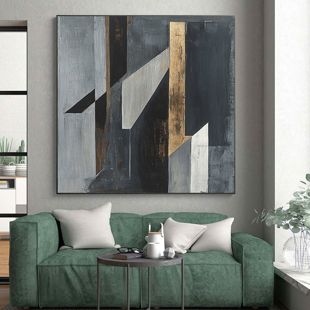 Gray, Black, White and Gold Geometric Abstraction "Dynamic Geometry" Painting On Canvas HB389