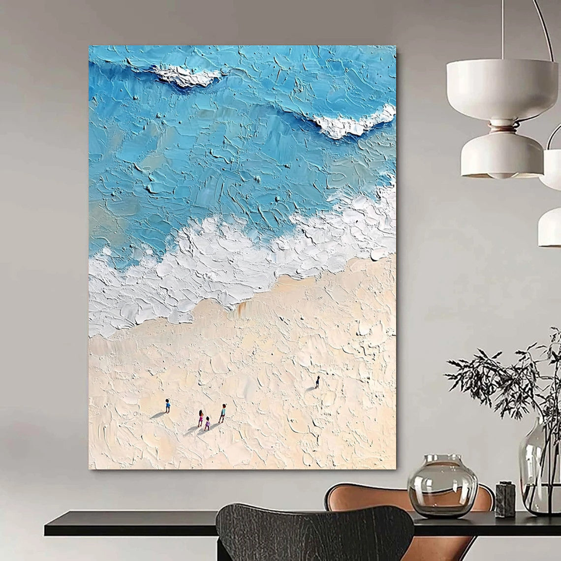 Contemporary hand-painted abstract artwork depicting a sunny beach scene with gentle waves and fine sand in soft tones and bright colors. DLZ1530