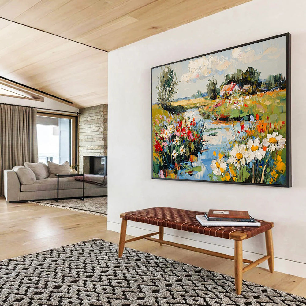 Charming Countryside Stream with Flowers - Idyllic Landscape Painting On Canvas HB0453