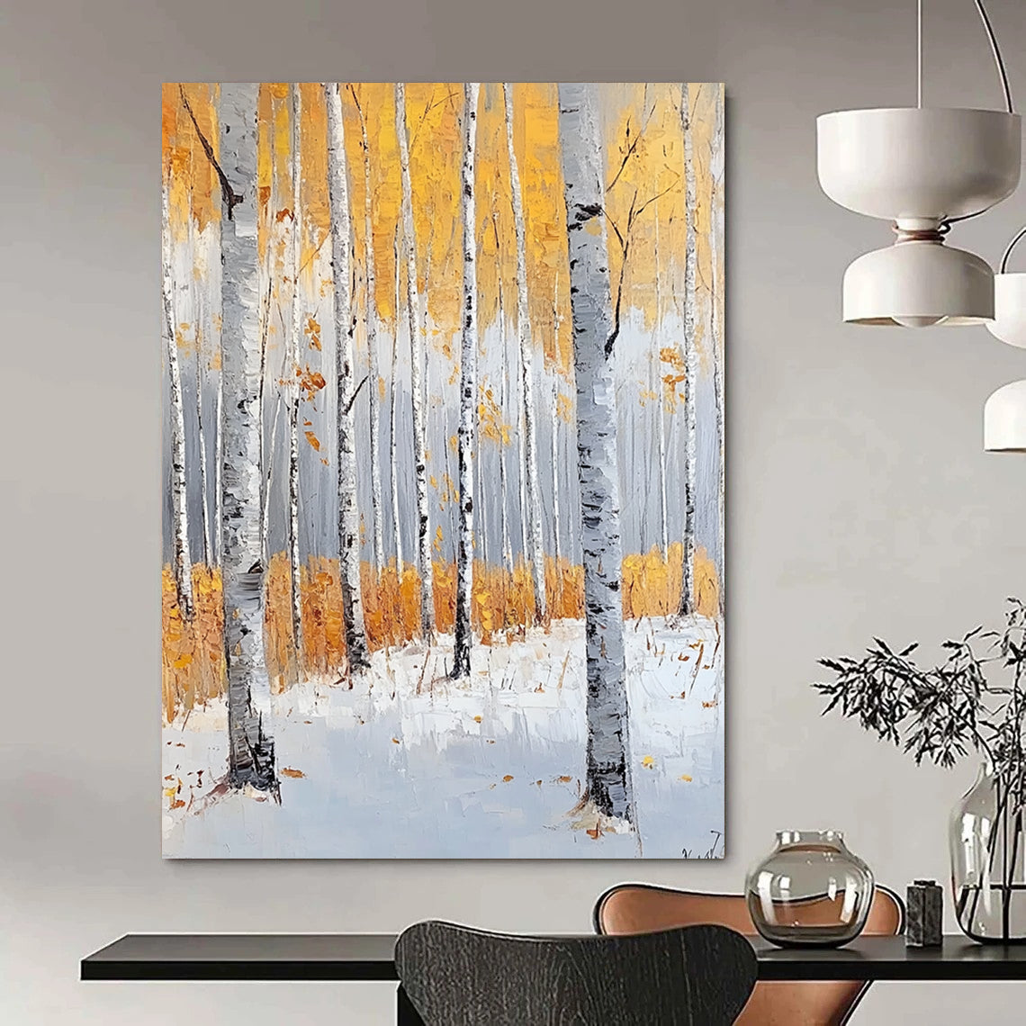 Large contemporary hand-painted abstract artwork featuring birch trees in light gray and amber, evoking tranquility with autumn foliage and snow. DLZ1103