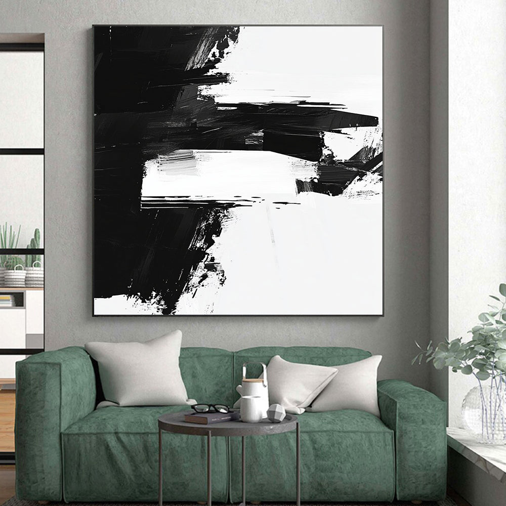 Black and White Abstract Blocks "Geometric Contrast" Painting On Canvas HB312