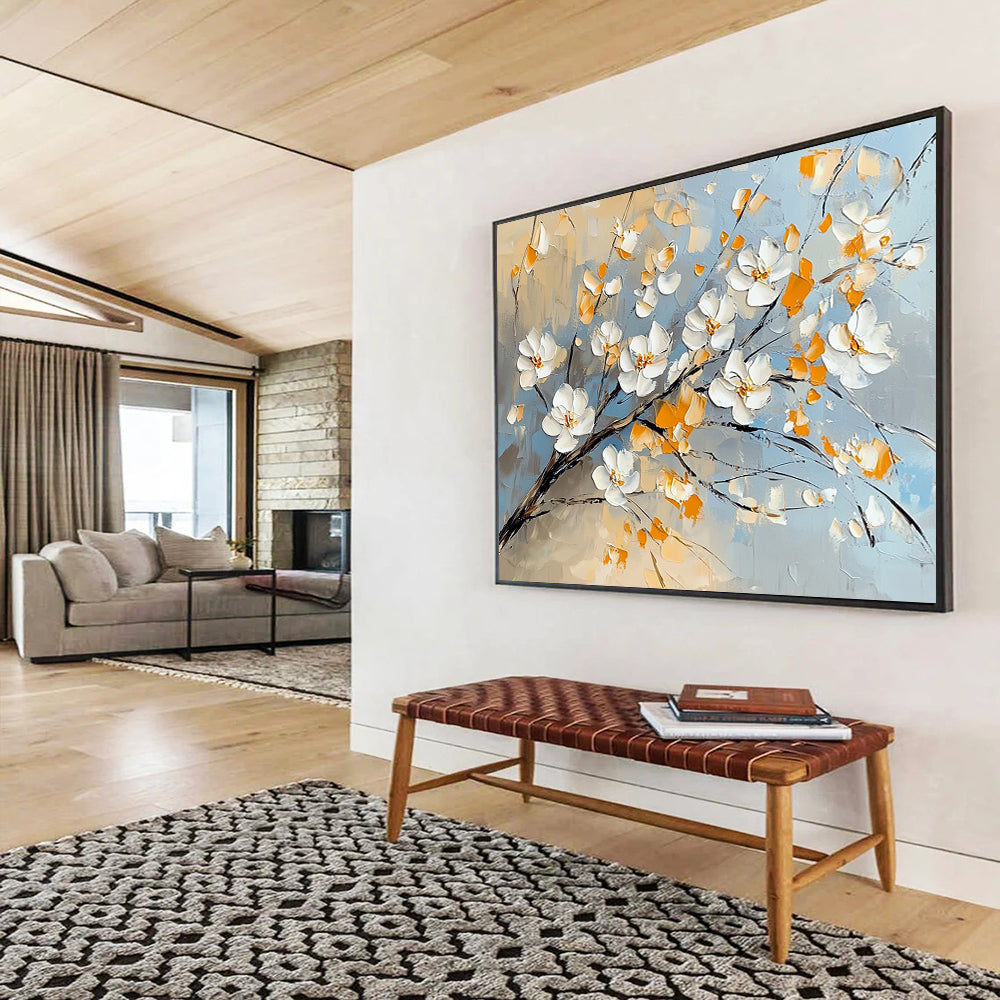 “Blossom Breeze” - White, Yellow, Blue, Floral Branches Painting On Canvas HB1036