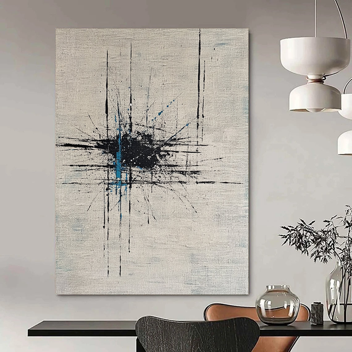 Contemporary hand-painted abstract artwork featuring dynamic lines and dots on white canvas enhanced by bold black ink and vibrant blue highlights. DLZ0883