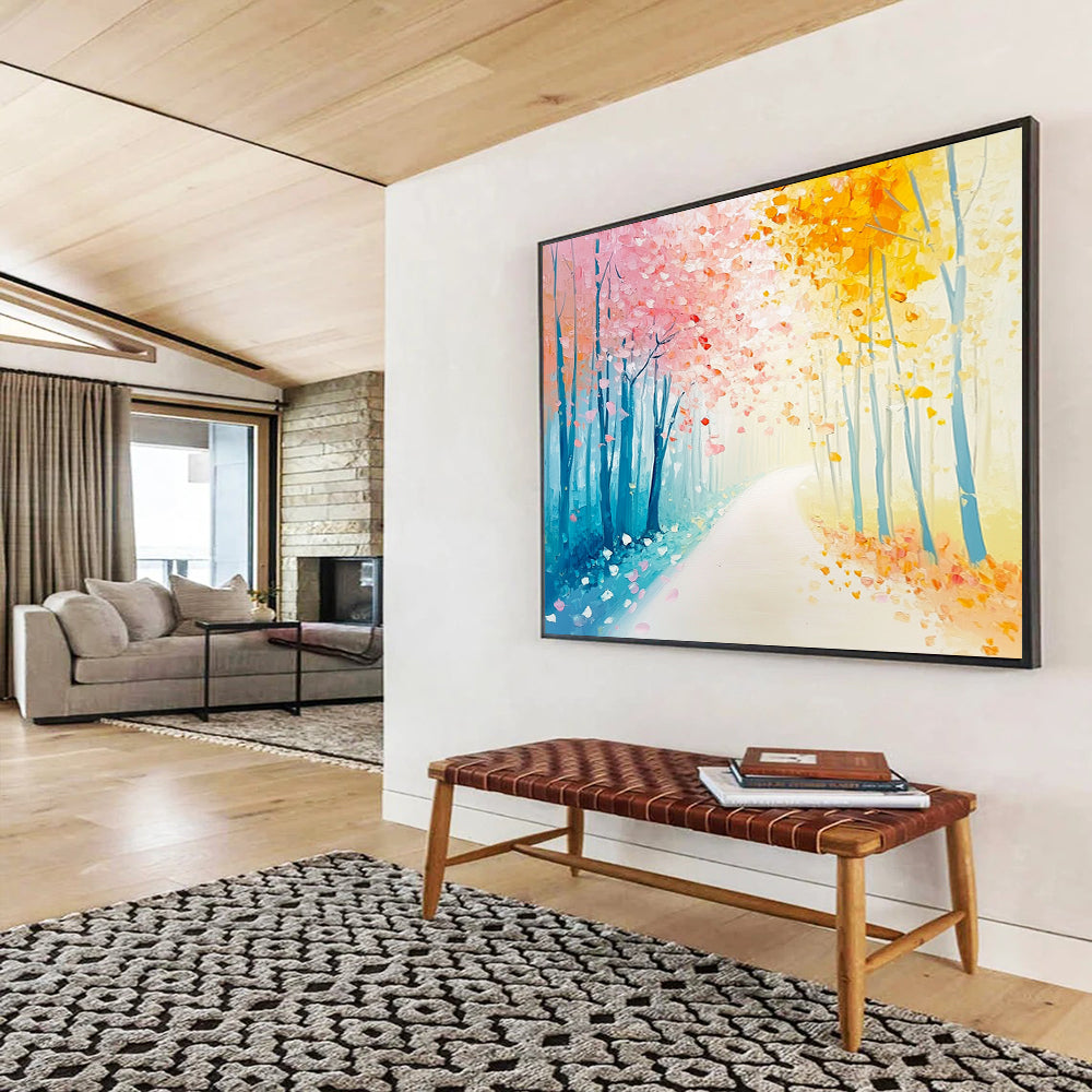 “Pastel Forest Pathway” - Dreamy path lined with pink and yellow trees, Impressionist Landscape Painting On Canvas HB0538