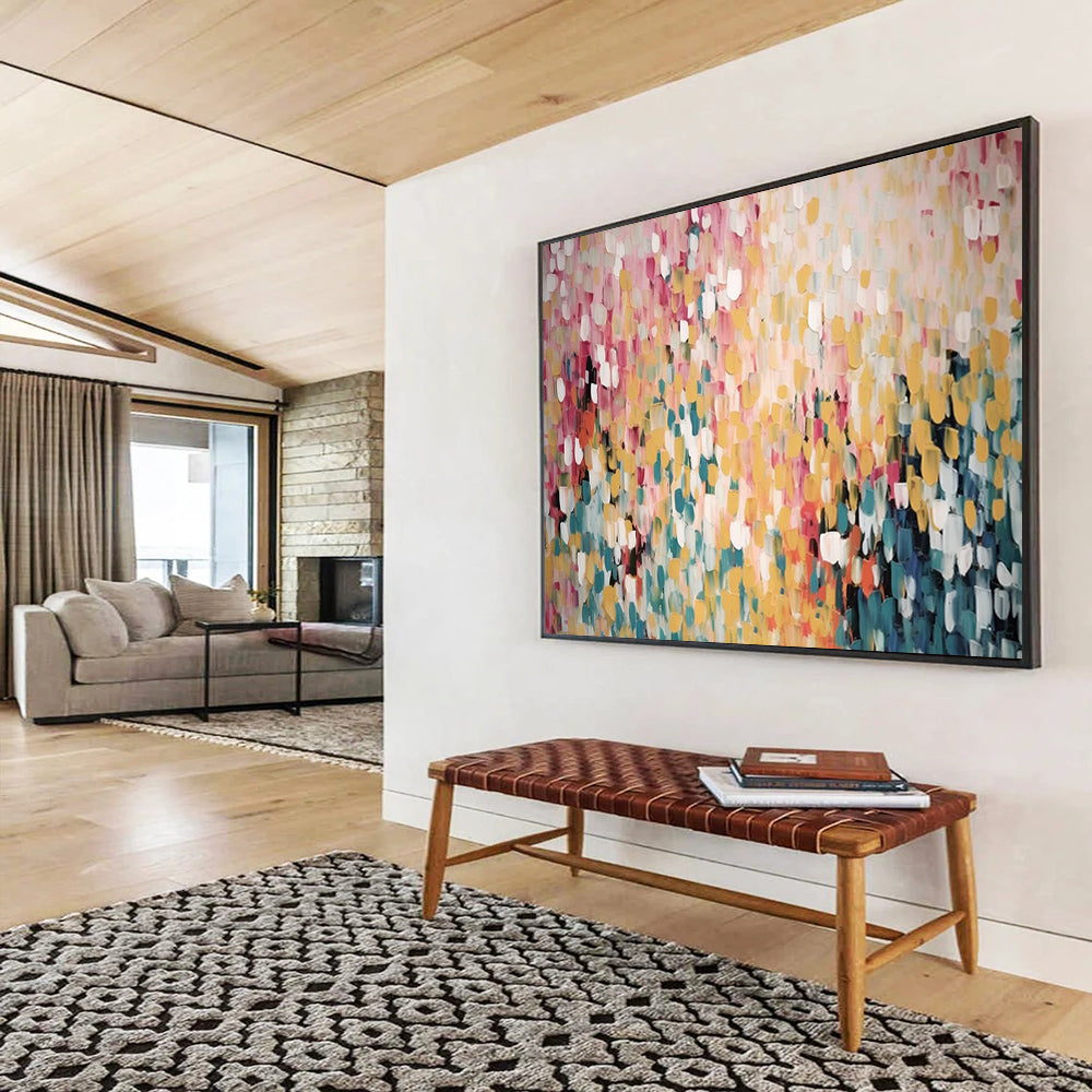 Yellow - Pink Dot Abstract - Cheerful Dining Room Art DLZ166