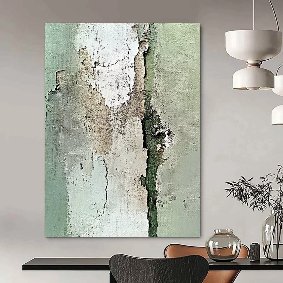 Contemporary abstract artwork featuring an old peeling wall in neutral tones with intricate light green and beige textures using impasto technique. DLZ1199