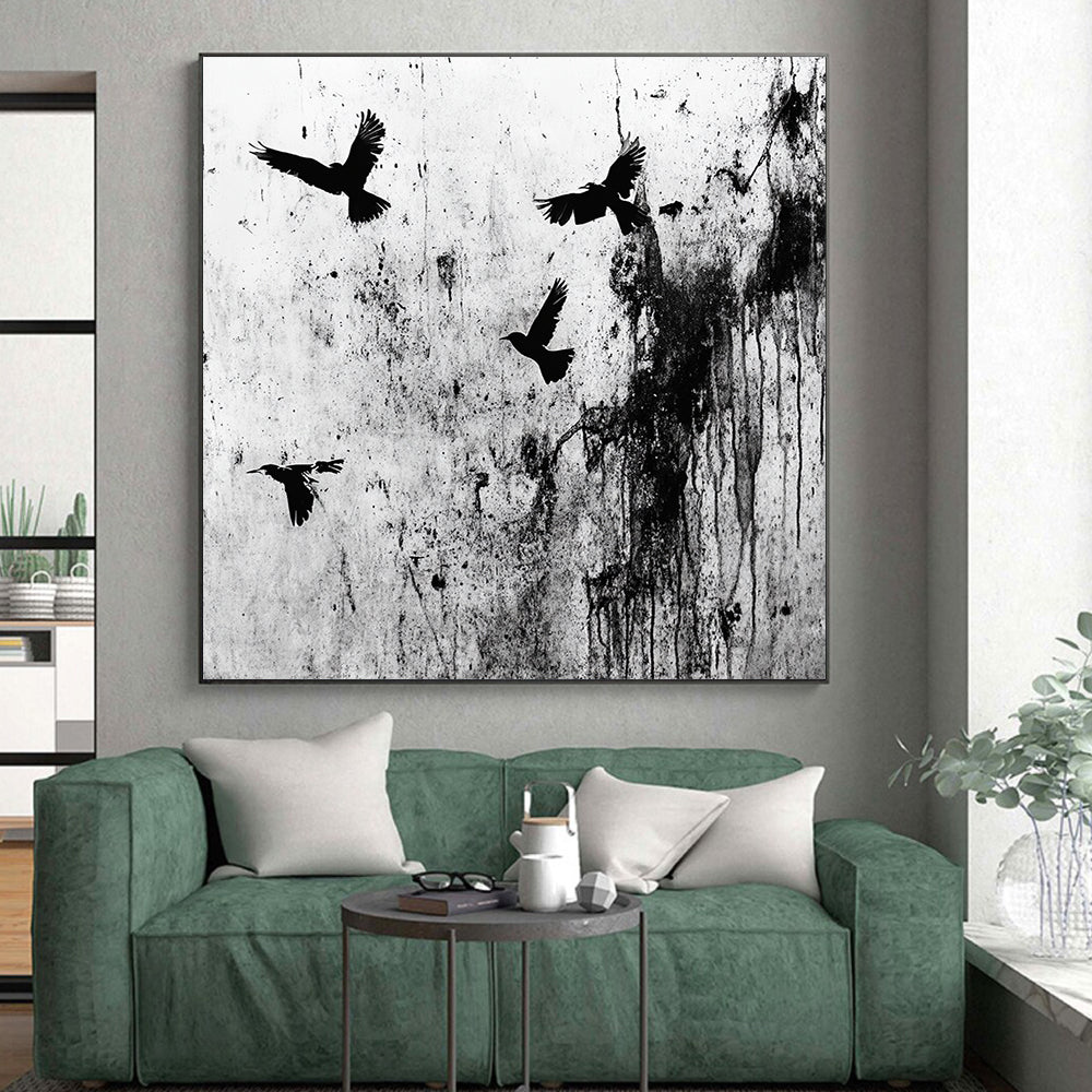 Black Birds on Grunge Wall "Urban Flight" Painting On Canvas HB304