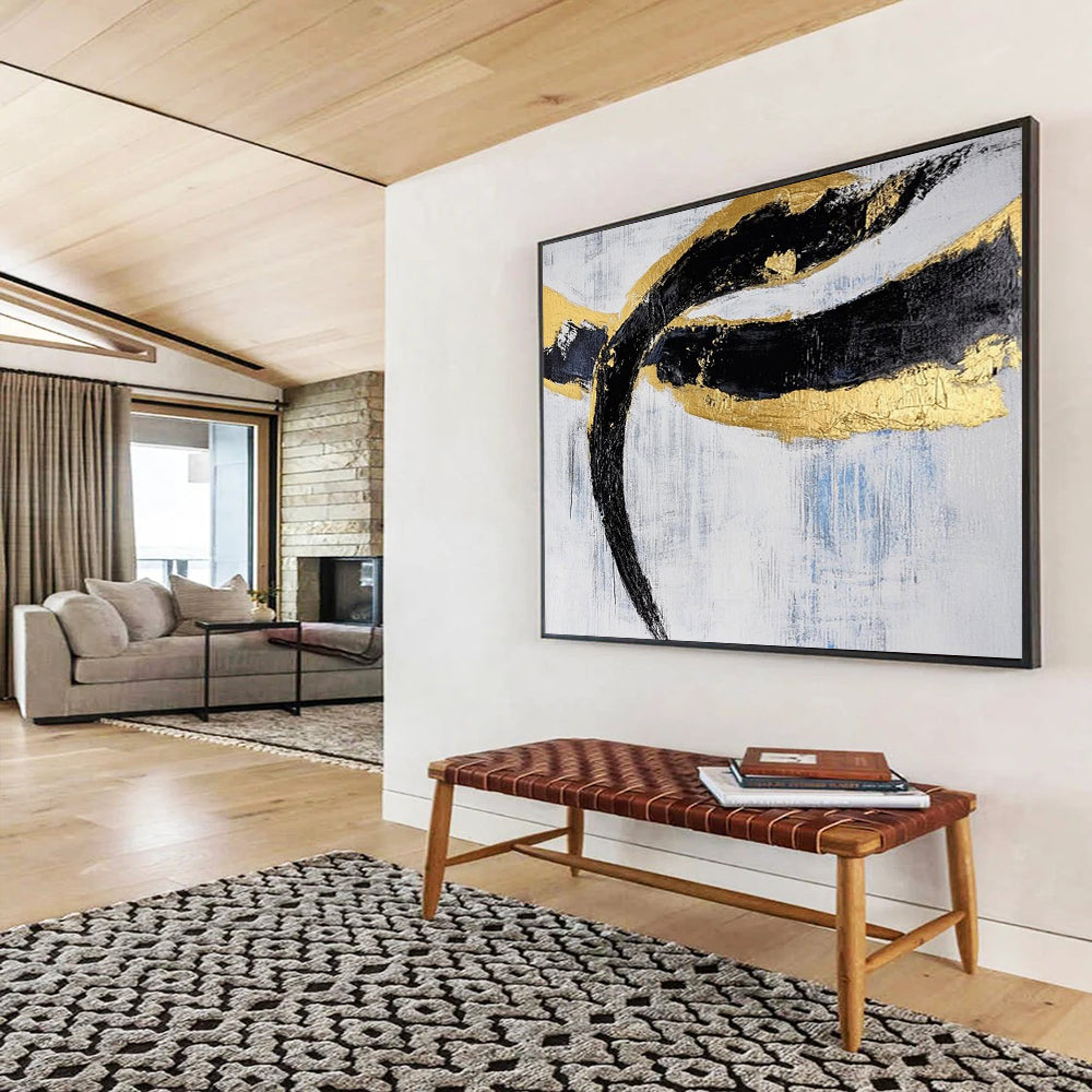 Black, Gold, Blue and White Abstract Swirls "Opulent Motion" Painting On Canvas HB0414