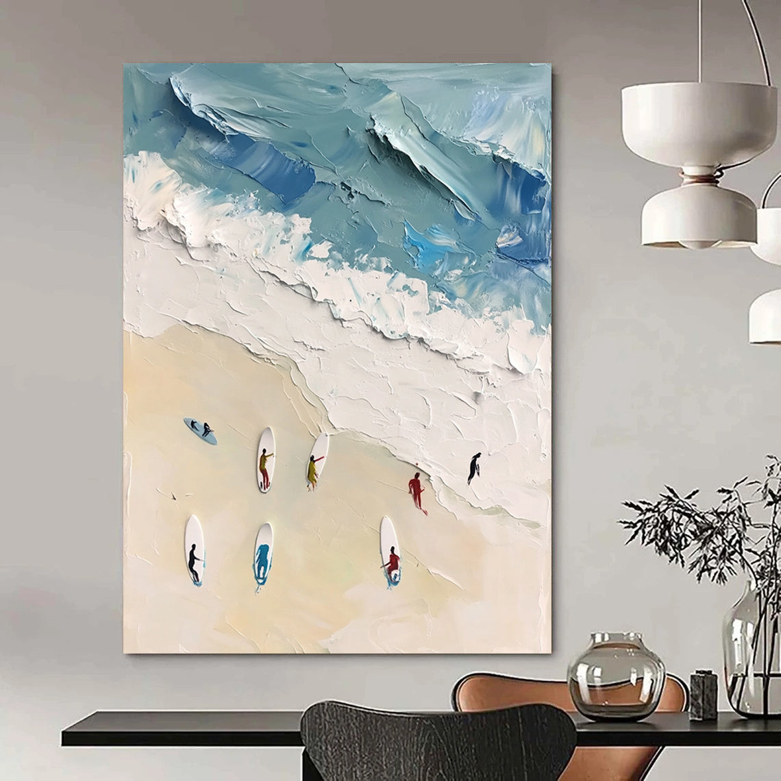 Large contemporary abstract artwork featuring vibrant acrylic colors capturing surfers in motion against a white sand beach backdrop in soft blues and greens. DLZ0842