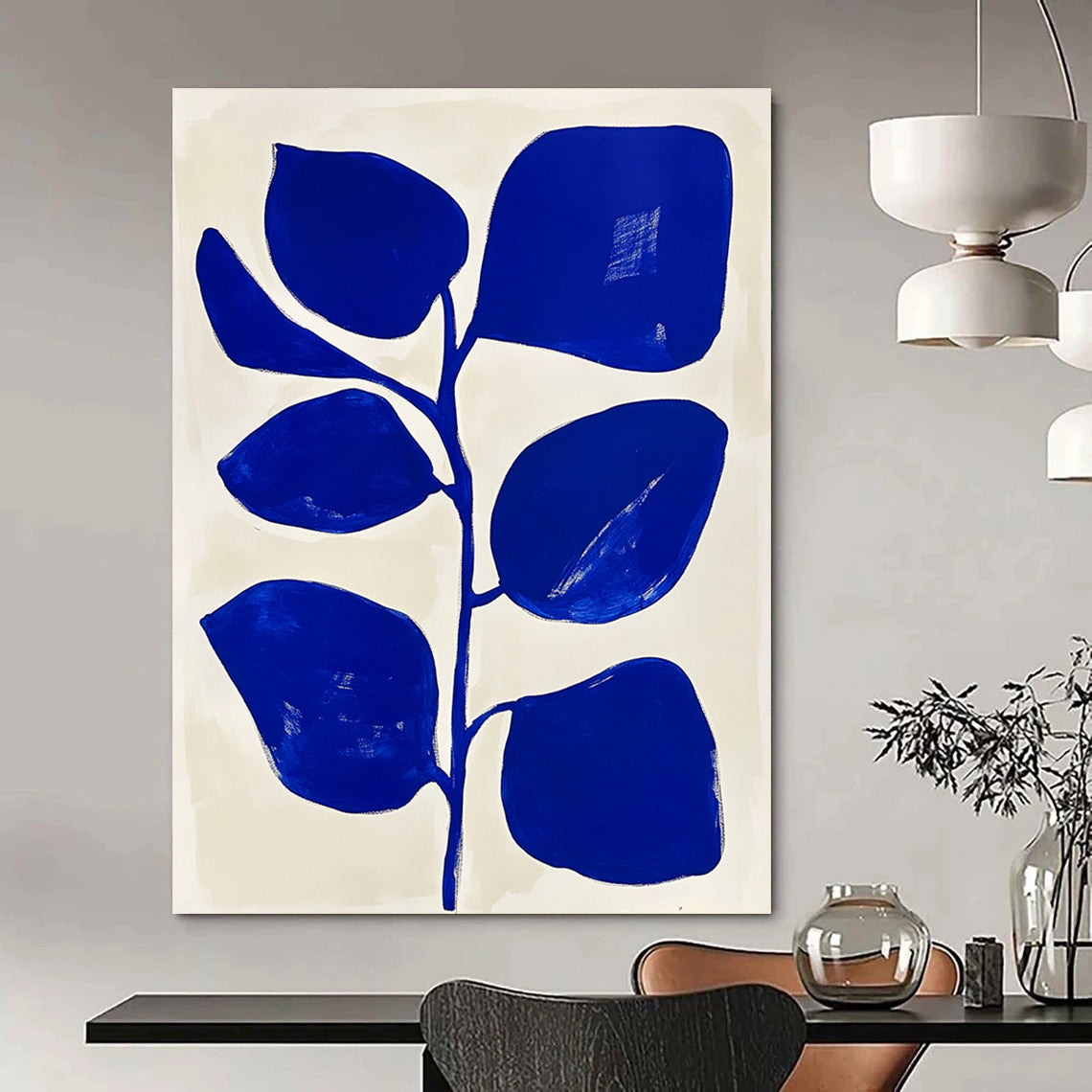 Contemporary hand-painted abstract artwork featuring a blue and white floral design with simple shapes and flat colors in Matisse style. DLZ1153