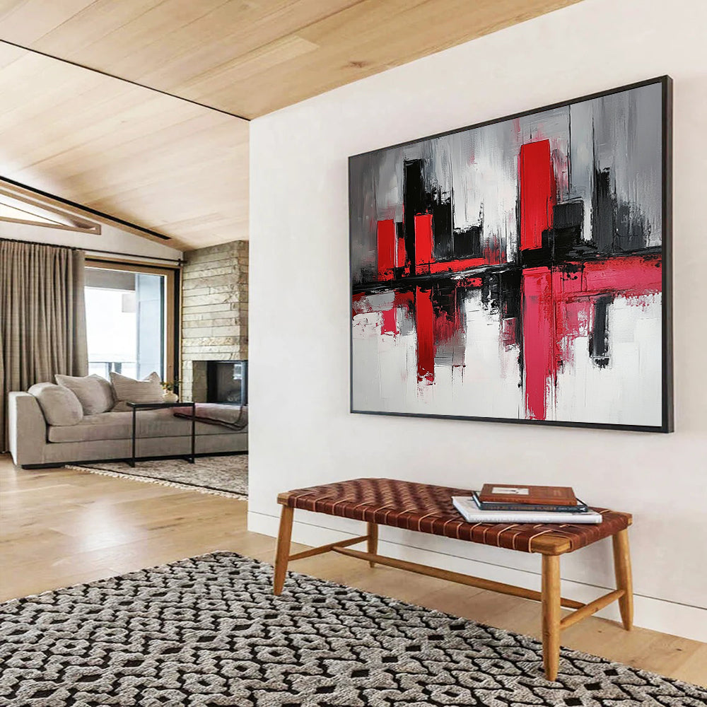 “Abstract Cityscape in Red and Black” - Red, black, white, gray; Abstract cityscape with reflection effects; Acrylic Painting On Canvas HB1272