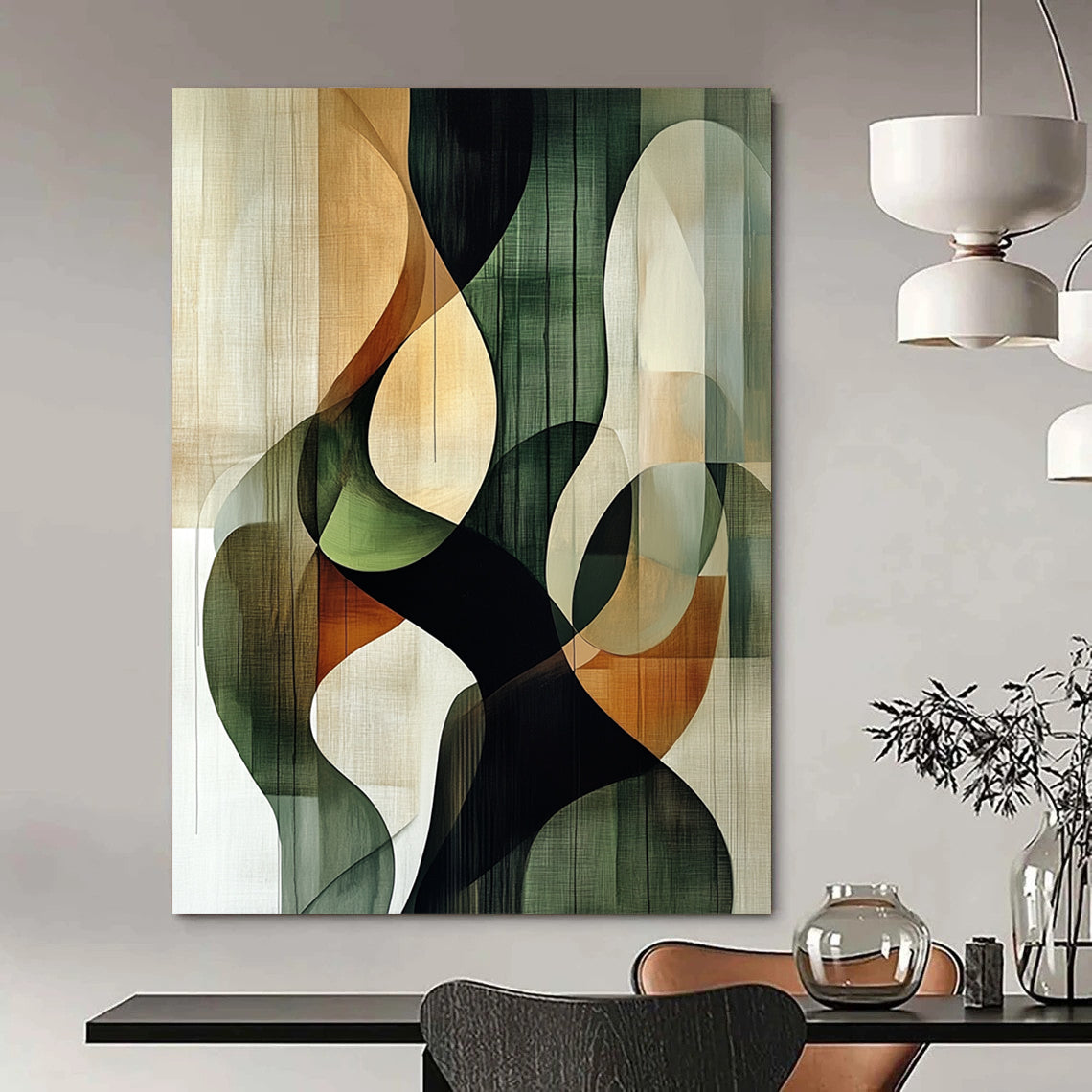 Contemporary hand-painted abstract art featuring intertwined circular shapes in green black and beige against a textured nature-inspired brown background. DLZ0994