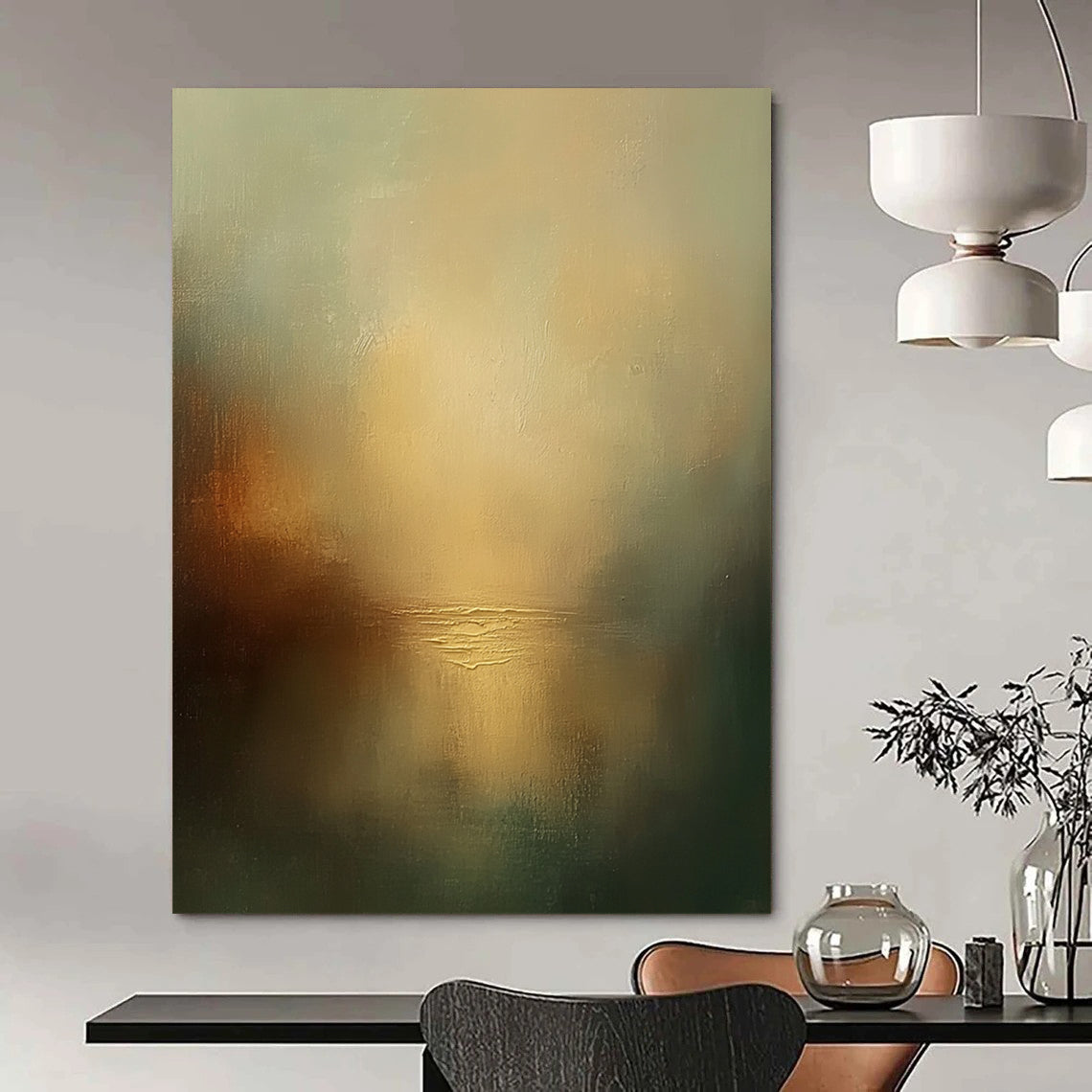 Contemporary abstract painting featuring a misty sky and tranquil water with muted colors creating an atmospheric ambiance. DLZ0474