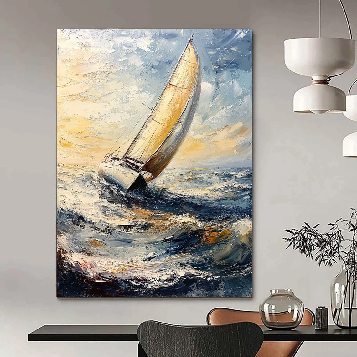 Contemporary impasto artwork depicting graceful sailboats under clear skies, featuring thick brush strokes and canvas texture, ideal for enhancing any space. DLZ1269