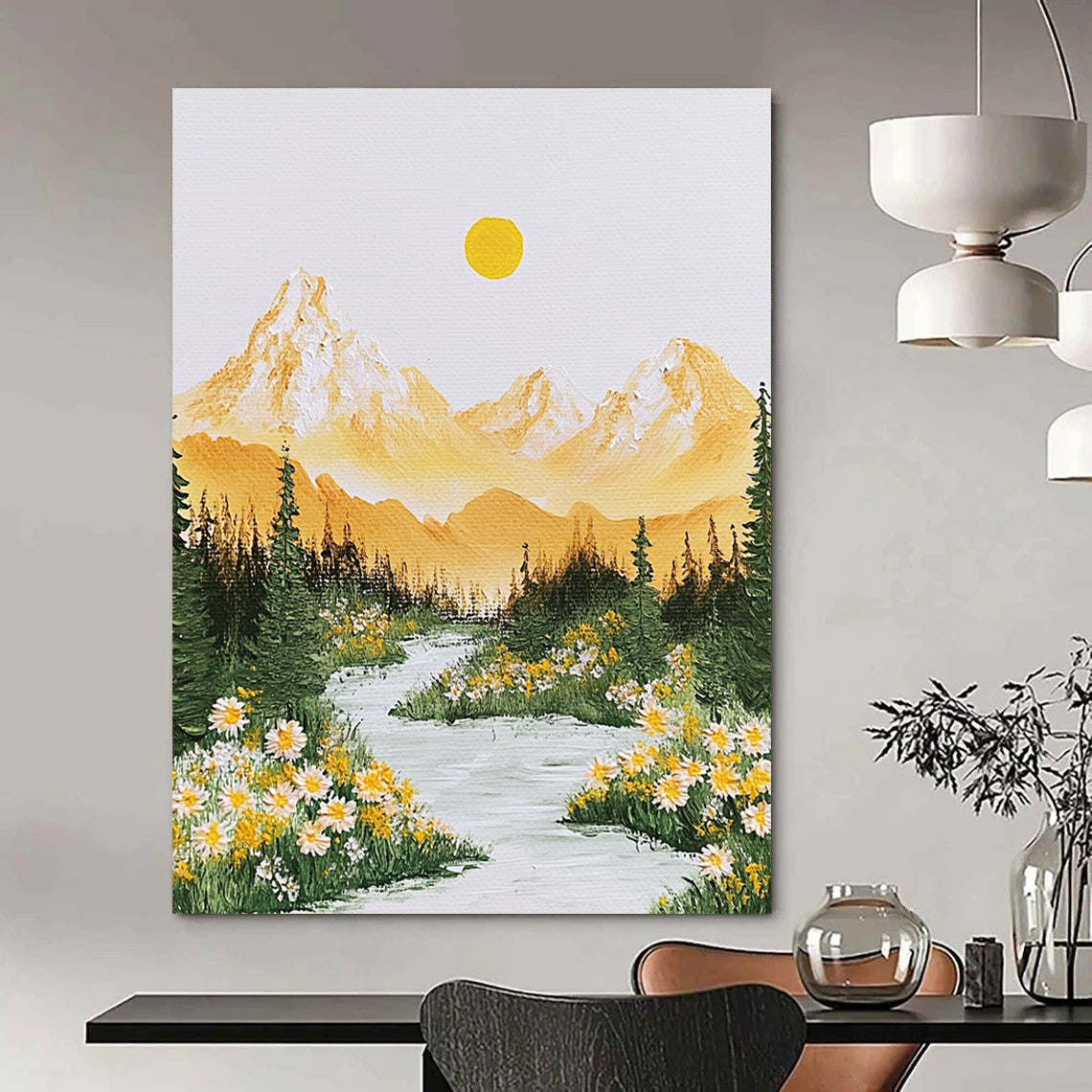 Contemporary abstract art features vibrant yellow and green Alps mountains, flowing river, radiant sun, and delicate flowers, evoking tranquility and beauty. DLZ1418