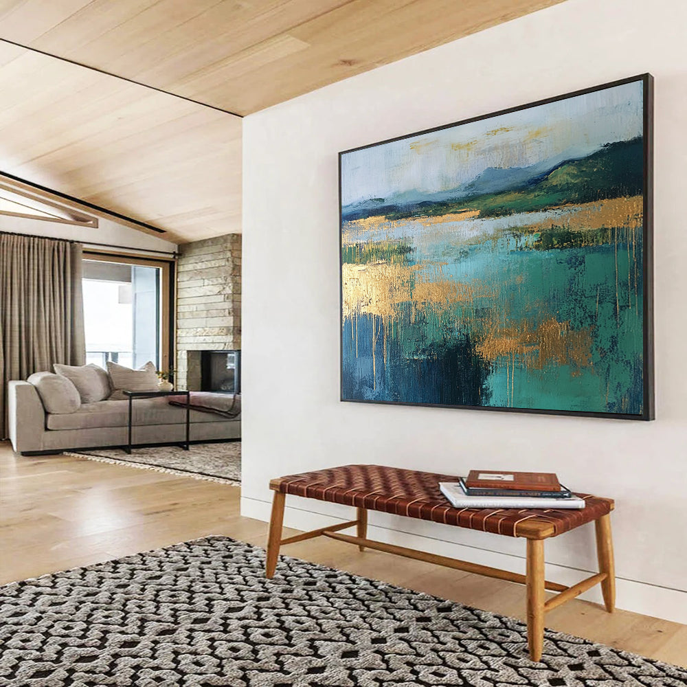 “Gold - Accented Lake Scene” - Blue, Green, Gold, Abstract Lake Landscape Painting On Canvas HB0990