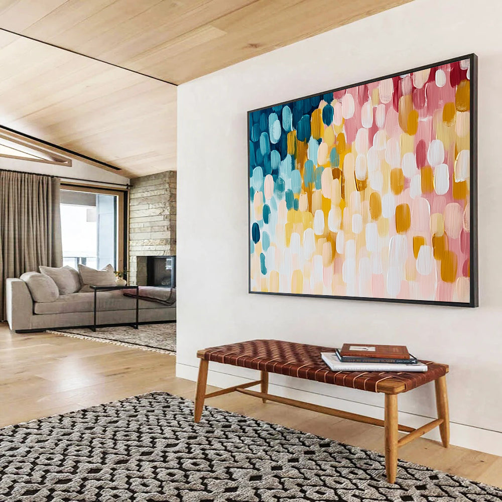 “Pastel Oval Abstract Pattern” - Blue, yellow, pink, white; Abstract oval shapes in pastel colors; Acrylic Painting On Canvas HB1238