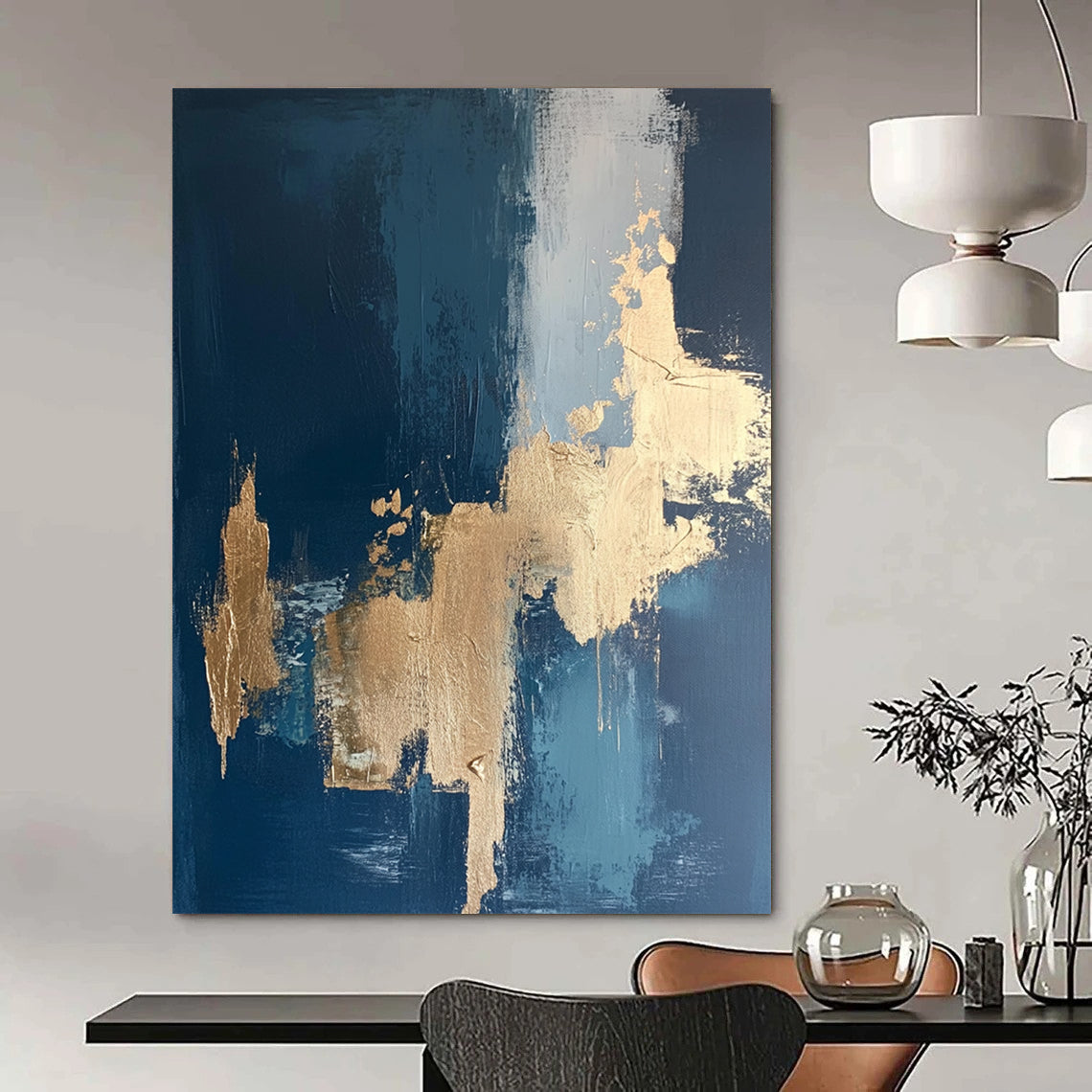Contemporary hand-painted abstract art features intricate textures with gold leaf accents on a rich dark blue canvas. DLZ0331