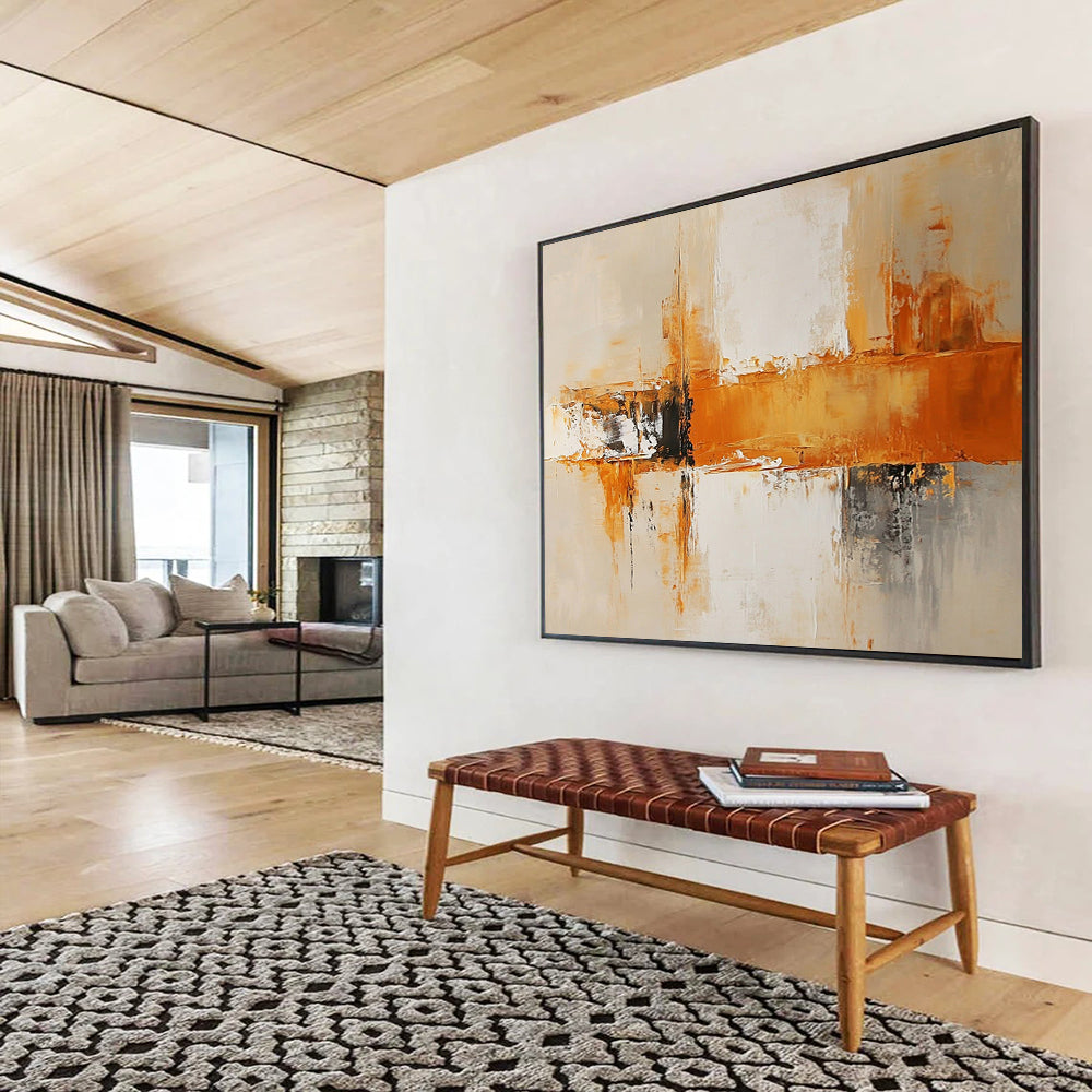 “Dynamic Orange and Gray Abstract Composition” - Orange, gray, white; Abstract dynamic brushstrokes and blocks; Acrylic Painting On Canvas HB1228